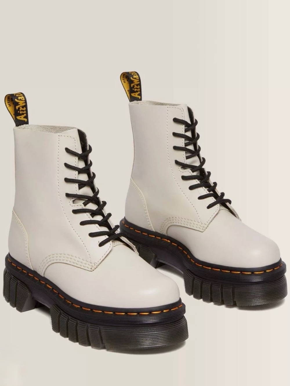 Dr. Martens White Leather Platform Lace-Up Boots with Black Soles